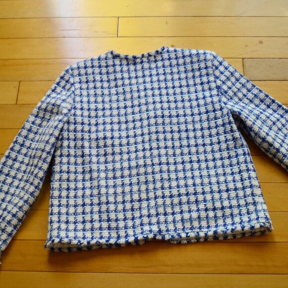 Ann Taylor Women’s Cropped Fringe Tweed Jacket Blue white Sz 8 office preppy - Picture 10 of 14